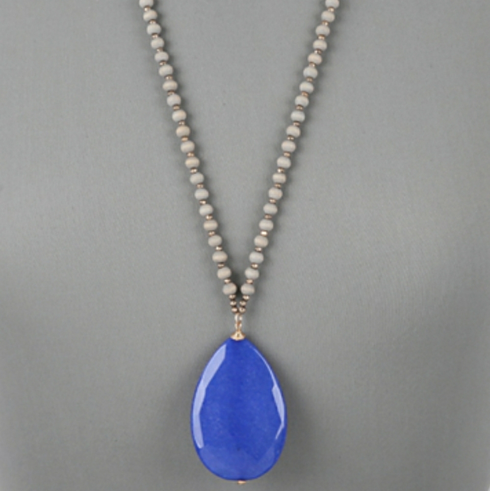 NEW Wood Bead & Teardrop Stone Long Necklace